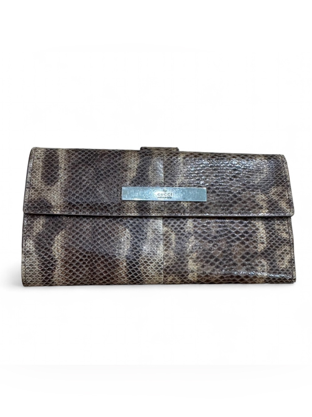 Authentic Gucci Genuine Snakeskin Vintage Neutral Envolope Brown Clutch Wallet